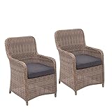 Mendler 2er-Set Poly-Rattan Stuhl HWC-E98, Rattanstuhl Gartenstuhl Korbsessel, Spun Poly halbrundes Rattan beige Kissen grau