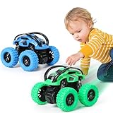 GUIGUZHJ Monstertruck Spielzeugauto, 2 Stück Monster Truck Aufziehauto Kinder Spielzeug, Reibung Zurückziehen, 360° Drehung Trägheit Fahrzeug, Auto Spielzeug für Baby Kinder ab 3 Jahre (Grün & Blau)