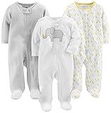 Simple Joys by Carter's Unisex Baby 3-Pack Neutral Sleep and Play Kleinkindschläfer, Hellgrau Ministreifen/Weiß Elefant/Giraffe, 6-9 Monate (3er Pack)