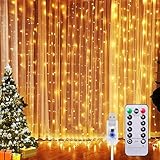 Sunlisky Lichtervorhang 3x3m 300LED Lichterketten Vorhang, 8 Modi IP65 Wasserdicht, LED Lichterkettenvorhang mit Fernbedienung Timer, für Innenbeleuchtung Partydekoration Valentinstag