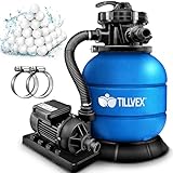 tillvex® Sandfilteranlage Pool 7.900L/h inkl. 400g Filterbälle | Filteranlage 7-Wege Ventil & 2in1 Adapter Ø32mm - 38mm | Poolfilter mit Druckanzeige | Sandfilter für Schwimmbecken (Blau)