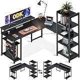 ODK Schreibtisch mit Regal, Eckschreibtisch L-Form mit 5-stufigem Regal, Bürotisch mit Monitorständer für Büro, Schwarz 140×137cm