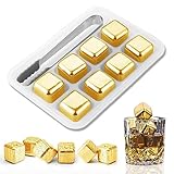 Whisky Steine Edelstahl Set, Whisky Eiswürfel Wiederverwendbar, mit Kieselgel Eisclip, Gold, 8 Stück