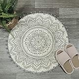 Boho Kleine Badezimmerteppiche Mandala Weiche Fußmatte mit Pom Pom Fransen Überwurfteppiche rutschfest Flauschiger Teppich für Eingangsbereich Badewanne Waschbecken Schlafzimmer (Grau, 90 cm Rund)