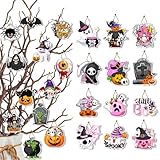 24 Stück Halloween Tree Dekoration Halloween Party Hängende Baum Anhänger mit Schnüren Kürbis Geist Fledermaus Grabsteine Hängeornamente für Halloween Deko für Innen Außenbereich