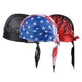 Vertvie 3 Stück Kopftuch Atmungsaktiv Sports Bandana Cap Bikertuch Bandanas Hat Radfahren Mütze Herren Damen (One Size, Schwarz + Flaggenprint + Flammendruck)