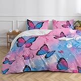 Schmetterling Bettwäsche 200x200 Rosa und Blaues Ombre Bettbezug 200x200 Rosa Blau für Kinder Mädchen Mikrofaser Deckenbezug und 2 Kissenbezug 80x80cm mit Reißverschluss