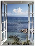 ARTland Wanddeko Glasbilder Wandbild Glas Bild einteilig 45x60 cm Hochformat Strand Meer Küste Palmen Ausblick Natur Fensterblick Maritim Blau T9II