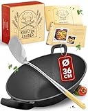 KRUSTENZAUBER 36cm Gusseisen Wok Induktion - Wokpfanne mit Wokwender - Ideal für Gasgrill, Herd, Ofen, als Paella Pfanne Gusseisen, Gusseisenpfanne Induktionsgeeignet für Stir Fry oder Sac Tava