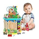 Holzwürfel Spielzeug für Kinder Motorikwürfel 11-in-1 Multifunktionsperlen Labyrinth Dinosaurier World Holz Aktivitätswürfel Pädagogisches Spielzeug Jungen und Mädchen Kleinkind Geschenk