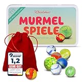 Kleintober Premium Murmeln I Glasmurmeln I Murmelspiel in Metalldose I Murmeln Kinder I mit Anleitung für Spiele und Transportbeutel I Murmel Klassiker, teils handgemacht I Kinder Geschenke