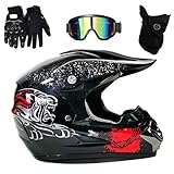 UIGJIOG Motocross Motorcycle Helmet,Kinder Downhill Fullface Helmet Crosshelm Schwarz Herren Fullface Helm MTB DOT-Zertifizierung Inklusive Brille, Handschuhe Und Masken Set