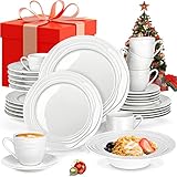 Tafelservice 6 Personen Weiß, 30-teiliges Teller Set Modern und Kaffeeservice, Geschirrset Steingut mit Unregelmäßigen Linien, Weiss Service Sets für 12 Personen, Weihnachts- und Neujahrsgeschenke