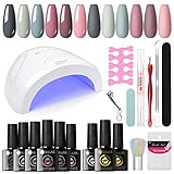 UR SUGAR UV Nagellack Set mit UV Lampe 48W, 6 Farben Gel Nagellack Starterset UV Gel Nagellack Set mit Base und Top Matte Coat Rosa Nude Grau Gelnägel Starterset Shellac Gellack Nägel Nagelstudio Set