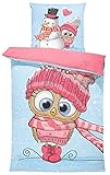 one-home Winter Bettwäsche 135x200 cm Schneemann Eule rosa hell blau Flausch Thermofleece