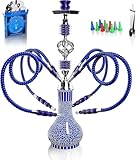 Shisha Komplettset mit 4 Schläuchen, 22'' Großes Shisha Kit für bis zu 4 Personen mit allem inklusive, Keramikschüssel | Premium-Schlauch| Schöne Glasvase (Blau Q1)