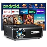 Smart Beamer【Android TV/Autofokus Keystone 】 Full HD 1080P 25000 Lumen Beamer 4K Unterstützung, VOPLLS WIFI6 Bluetooth Heimkino Video/Outdoor Beamer für Android/iPhone/PS5 Handy Projektor mit Stativ