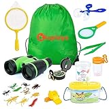 kizplays Forscherset für Kinder, 22-teiliges Entdecker Set mit Fernglas Kinder, Insektenfänger, Kompass, Becherlupe, Outdoor Entdeckerspielzeug Geschenk für Kinder Camping, Natur Erforschen