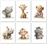 LAVEMA Bilder Kinderzimmer | Glückliche Safari Tiere | Poster A4 (21x30cm) ohne Bilderrahmen | Babyzimmer Deko | Wanddeko Beige Poster | Baby Junge Mädchen Dekoration