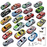 TOYABI Matchbox Auto Set, Spielzeugautos, 22Pcs Metall Auto Spielzeug mit 8 Straßensperre, 1:64 Auto Zurückziehen, Geschenk für Kinder