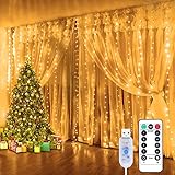 Lichtervorhang Innen - 3x3m 300 LEDs Lichtervorhang 8 Modi mit Fernbedienung Timer, USB Lichterkette Warmweiß Wasserdicht für Weihnachten Schlafzimmer Zimmer Fenster Hochzeit Partydekoration