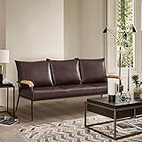 TUKAILAI 3-Sitzer-Sofa, Lounge, Kunstleder, weich, mit Armlehnen aus Massivholz und Metallstütze, Wohnzimmermöbel, Dunkelbraun