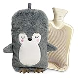 Wärmflasche mit Bezug 2 Liter, Wärmflaschen Tier Groß, Wärmflasche Kinder Pinguin, Wärmeflasche mit Kuschelig Flauschig Kunstpelz Bezug, Handwärmer Silikon Weichem für Hand Fuß Körper Warmhalten