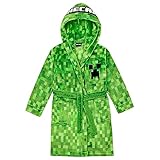 Minecraft Bademantel Kinder Jungen Fleece Morgenmantel mit Kapuze Creeper Design (as3, numeric, numeric_152, regular, Grün)