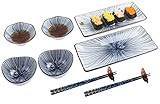 Artcome 10-teiliges Sushi-Teller-Set aus Keramik im japanischen Stil für Hochzeit, Einweihungsparty, 2 Sushi-Teller, 2 Soßenschalen, 2 Snack-Schalen, 2 Paar Essstäbchen, 2 Stäbchenhalter, blau