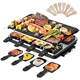 2-in-1 Raclette Grill 8 Personen Elektrisch Tischgrill Antihaftbeschichtet Wende-Grillplatte Elektrogrill Rauchfreier Raclette mit 8 Mini Raclette Pfännchen & 8 Schaber Spülmaschinenfest 1300W