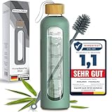 Amalindo Trinkflasche 1l Glas Bruchsicher, Wasserflasche 1l, Glasflasche 1 Liter, Trinkflasche Glas 1l, 1 Liter Trinkflasche, Water Bottle inkl. Silikonhülle & Bürste (BPA-frei) - Olive