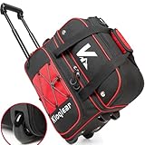 Kioqiear Bowlingtasche mit 2 Rollen und großem separatem Schuhfach und übergroßer Zubehörtasche, 91,4 cm ausziehbarer Griff (rot)