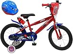 Vélo Jungen Kinder 16 Zoll, ausgestattet mit 2 Bremsen, dekorative Frontplatte, Kanister und Flaschenhalter, Schutzblech, aufblasbare Reifen + Spiderman-Helm inklusive, Rot & Blau, 16''