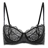 DOBREVA Damen Dirndl BH Push Up Balconette Spitzen BH Große Größen Sexy Soft Transparent Schwarz#X-Back 85B