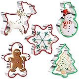 5 Stücke Weihnachts Ausstecher Set Edelstahl Lebkuchenmann, Schneeflocke, Schneemann, Weihnachtsbaum und Rentierform mit Weichem PVC-Rand Weihnachts Ausstechformen zum Backen