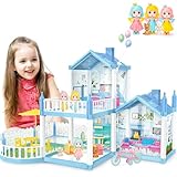 deAO Dollhouse, Puppenhaus Spielzeug-Set, Blau Villa doll house mit 3 Zimmer, 2 Etagen, Freiluftbalkon, 3 Puppen Figuren,17 Möbelstücken und Zubehör,Geschenk für Kinder Mädchen, Liebhaber der Sammlung