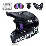 MRDEAR Motocross Helm Schwarz, Motorrad Crosshelm Set mit Brille Handschuhe Maske Motorrad Netz, VOMI Fullface MTB BMX Helm Motorradhelm Herren für Quad ATV Downhill Enduro Sport,M