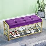 Moderne Samt-Eingangsbank mit goldenem Schuhregal, violett, Schuh-Organizer, Sitzbank für den Einstieg, 78,7 x 35,6 x 45,7 cm