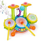 Baby Drums Set Spielzeug 6-12-18 Monate Musikspielzeug mit 2 Sticks Mikrofon Spielzeug für 1 Jahr altes Mädchen Junge Geburtstagsgeschenke Musikinstrument Lernspielzeug für Kleinkinder 1-3 Schlagzeug