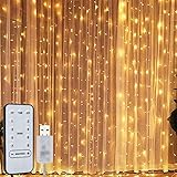 Willingood Lichterkette, Led Lichtervorhang 3 * 3m für Aussen Innen, 8 Modi mit Fernbedienung Timer, USB, 300 leds (Warmweiß)