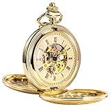 TREEWETO Unisex Taschenuhr mit Kette Analog Handaufzug Doppelscharnier Römische Ziffern Gold