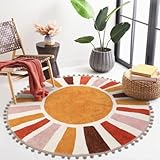 KIMODE Boho Sonne Teppich Runder Groß 120 cm, Pompons Vintage Weich rutschfest Waschbarer Kurzflor Wohnzimmer Teppiche Gegend,Für Esszimmer Schlafzimmer Kinderzimmer Waschküche Eingangsbereich