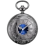 BOSHIYA Vintage Herren Taschenuhr mit Kette Einzigartiges Blau Römischen Ziffern Zifferblatt Analog Quarz Taschenuhr für Herren Schwarz