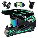 UIGJIOG Downhill Motorradhelm Kinder, Helm Set Herren ATV Motorradhelm D.O.T Zertifizierter Helm Mit Brille Handschuhe, Integralhelm MTB Inklusive 4 Größen Helmfutter,B