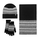 SRZYMJ Schwarz Wintermütze Schal Handschuhe Set， Wintermütze Handschuhe Lang Schal Set Unisex Beanie Mütze Fleece Warme Haube Winterschal Kaschmir Strickmütze Strickschal Thermo Handschuhe