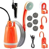 Eyourlife Campingdusche mit Pumpe, Camping Dusche Set mit Wiederaufladbarer Jetkopf,2m Duscheschlauch für Garten Reisen Autowäsche, Mobile Dusche Orange, 2200