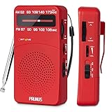 PRUNUS J-166 AM FM UKW Radio Batteriebetrieben, Transistorradio Weltempfänger Radio mit großartiger Empfang, Mittelwellenradio mit Stromanzeige, Rückclip &lautem Lautsprecher zum Reisen, Camping（Rot）