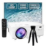 Mini Beamer, Full HD 1080P 10000 Lumen Beamer Unterstützung 4K Video, LED Heimkino Video Beamer 300 '' Display,LCD Beamer kompatibel mit Laptop, TV-Stick, HDMI, VGA, USB, VG, iPhone, Smartphone Weiß