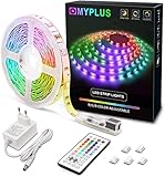 MYPLUS LED Streifen, RGB Led Strips 5M mit IR-Fernbedienung und Netzteil Led Beleuchtung Band für Zuhause, Schlafzimmer, TV, Decke, Schrankdeko