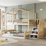 Gegtuon Etagenbett Bett 90x200 & 140x200 cm, Kinderbett Hochbett mit Stauraum Treppe und Dach, Hausbett Holzbett Bettgestell mit Fenster, Bett mit Lattenrost und Rausfallschutz, ohne Matratze, Natur